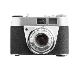 Vintage photo camera isolated in transparent PNG, isolated design element object, flatlay / top view