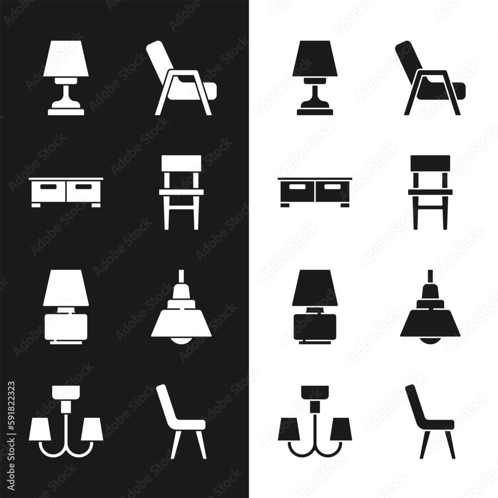 Sticker set chair, chest of drawers, table lamp, armchair, chandelier, and icon. vector