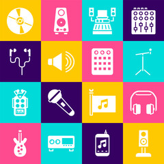 Set Stereo speaker, Headphones, Microphone with stand, Music recording studio, Speaker volume, Air headphones, CD DVD disk and Drum machine icon. Vector