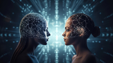 Humanoid faces facing each other. Artificial intelligence concept. Generative AI