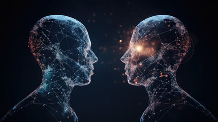 Humanoid faces facing each other. Artificial intelligence concept. Generative AI