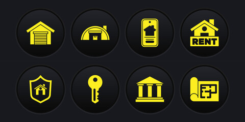 Set House with shield, Hanging sign Rent, key, Museum building, Online real estate house, Warehouse, plan and Garage icon. Vector