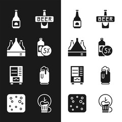 Set Beer bottle, Pack of beer bottles, Vending machine, can with foam, Happy hour and bubbles icon. Vector