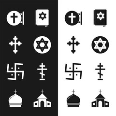 Set Star of David, Christian cross, Jewish torah book, Hindu swastika, Church building and tower icon. Vector