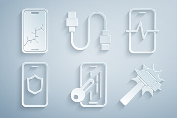Set Glass screen protector, Phone repair service, Mobile with shield, Hammer, USB cable cord and broken icon. Vector