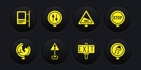 Set Road traffic sign, Stop, Exclamation mark in triangle, Fire exit, Steep ascent and descent road, warning two way, Slippery and icon. Vector