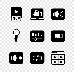 Set MOV file, Online play video, Speaker volume, Repeat button, Music playlist, Microphone and equalizer icon. Vector