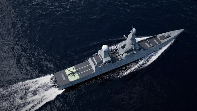 Large battleship sailing at sea, with missiles and helicopter on board. 3D animation render