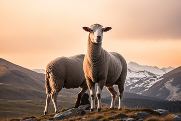 Fototapeta premium Sheep grazing in alpine meadows and units with mountain nature. Generative AI.