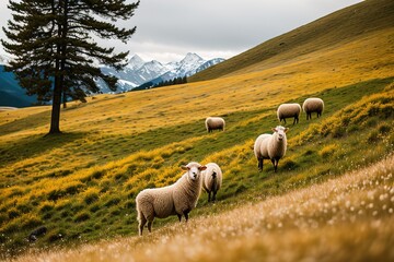 Sheep grazing in alpine meadows and units with mountain nature. Generative AI.