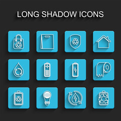 Set line Battery with recycle, Light bulb world globe, Shopping bag, Recycle clean aqua, charge level indicator, Toilet paper roll and icon. Vector