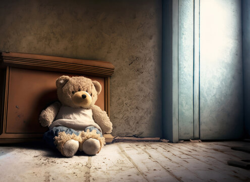 Un ourson seul abandonn&eacute; dans une vieille chambre - generative AI