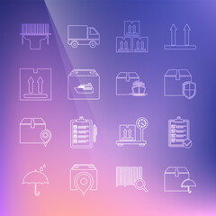 Set line Delivery package with umbrella, Verification of delivery list, box security shield, Cardboard traffic, Cargo ship boxes, Scanner scanning bar code and icon. Vector