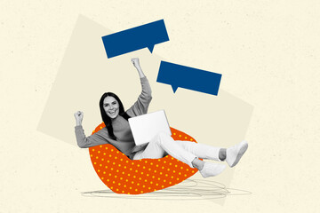 Collage photo of young overjoyed girl raised fists up worker receive finally message boss she get preferment isolated over beige background