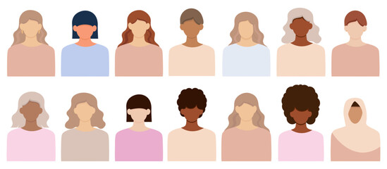 Set of avatars, avatars of women of different nations. Vector illustrations of faceless female avatars. EPS 10
