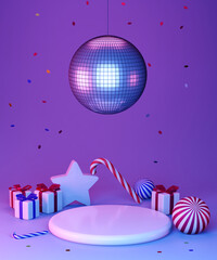 New year party decoration with disco ball, 3d render