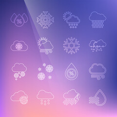 Set line Water drop percentage, Windy weather, Cloud with snow, and sun, and Snowflake icon. Vector