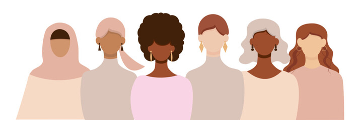 Women of different ethnicities together. 8 mart. Banner with faceless women of different nations and skin colors. Vector illustration. EPS 10