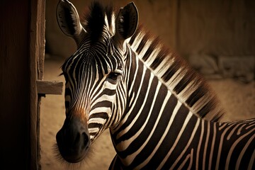 zebra standing next to a wooden fence in a grassy field. Generative AI