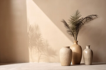 design white beige concrete shadows vase sunlight wall decor interior home. Generative AI.