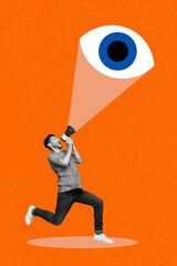 Artwork collage of young excited activist guy running with megaphone screaming about big brother...