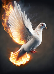 Une colombe blanche en vol et en feu avec des flammes - generative AI