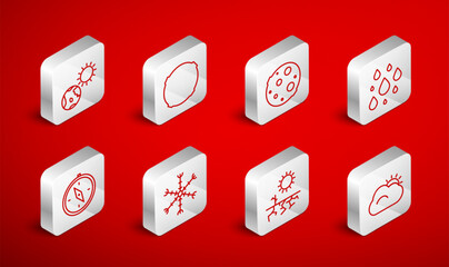 Set line Sun and cloud, Moon, Water drop, Drought, Earth globe sun, Snowflake and Compass icon. Vector