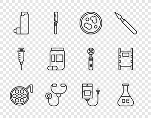 Set line Surgery lamp, Test tube and flask, Petri dish with bacteria, Stethoscope, Inhaler, Medicine bottle pills, IV bag and Stretcher icon. Vector