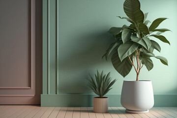 Luxury Interior Design: Sunlit Sage Green Wall Accompanied by a Lush Tropical Tree in a Modern White Pot, Resting on Wooden Parquet with Baseboard Accents. Generative AI