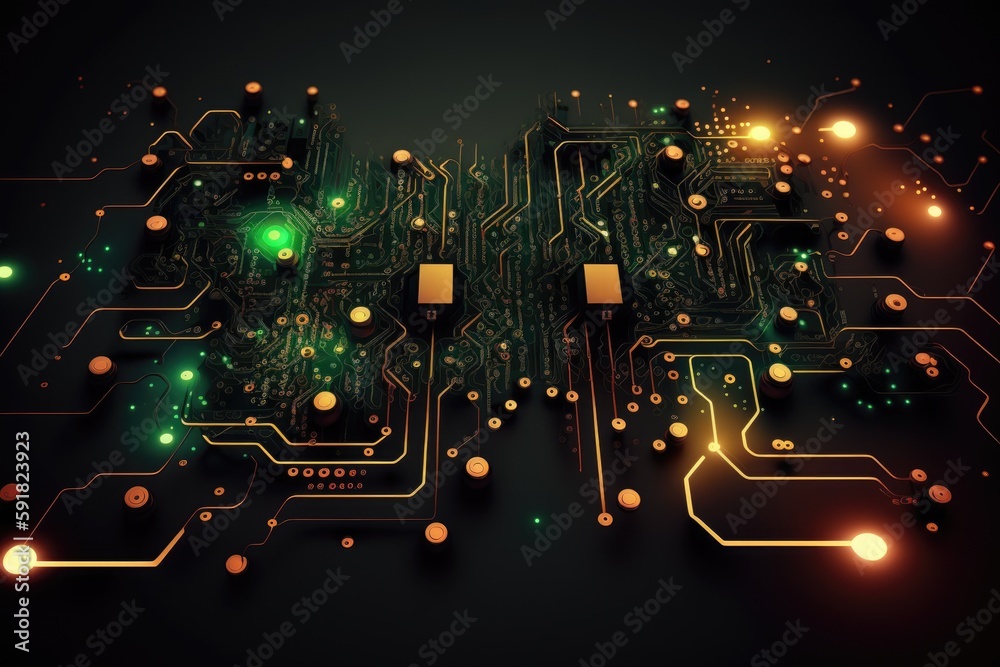 Poster futuristic computer circuit board with illuminated lights. generative ai