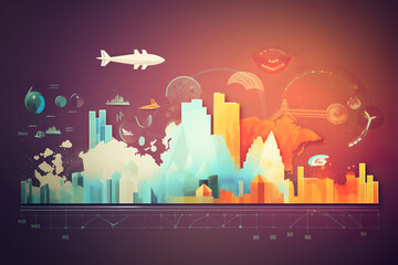 Colorful graphic for traveling works with city landscapes.