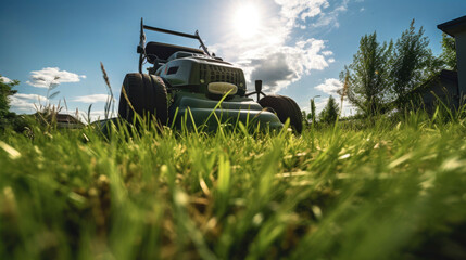 Lawn mower in action, low angle view. Generative AI - obrazy, fototapety, plakaty