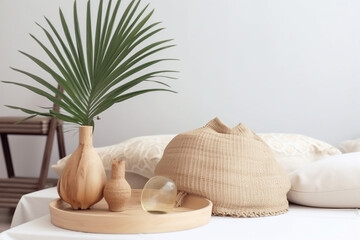 Fototapeta na wymiar furniture table palm tray modern home interior design rattan eucalyptus bed. Generative AI.