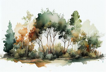 seamless watercolor landscape with trees. Generative AI