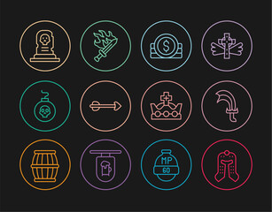 Set line Medieval helmet, Sword for game, Ancient coin, Arrow, Bomb ready to explode, Grave with tombstone, King crown and icon. Vector