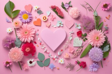 Timeless Garden Gift: Pink Flowers and a Paper Heart on a Serene Pastel Background, Mother's Day Gift
