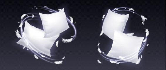 3d sleep with comfort on feather pillow ad concept set isolated on transparent background. Realistic soft night product design for bed advertising template. Mockup for square cushion presentation.