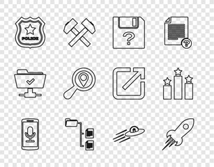 Set line Mobile recording, Rocket ship with fire, Unknown document, Folder tree, Police badge, Search location, UFO flying spaceship and alien and Ranking star icon. Vector