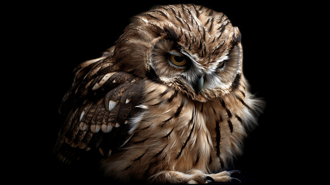 Isolated Detailed Sad Owl On Black Background, Generative Ai