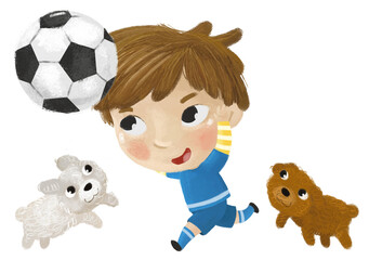 cartoon scene with kid playing running sport ball soccer football - illustration for children