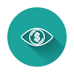 White line Eye with dollar icon isolated with long shadow. Green circle button. Vector