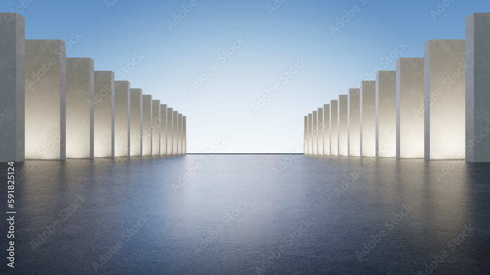 Aufkleber 3d render of abstract futuristic architecture with empty concrete floor, car presentation background.