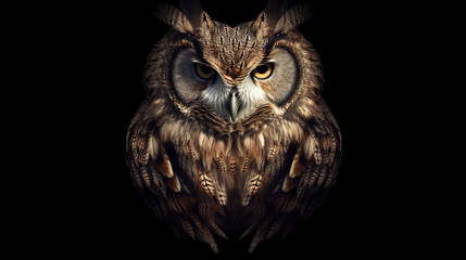Isolated Detailed Lovely Owl On Black Background, Generative Ai