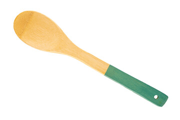 One wooden kitchen spoon isolated on white background, macro, top view.