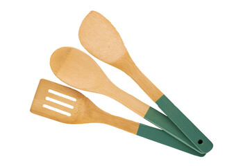 Three wooden spoons for kitchen isolated on white background, macro, top view.