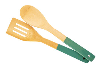 Two wooden spoons for kitchen isolated on white background, macro, top view.