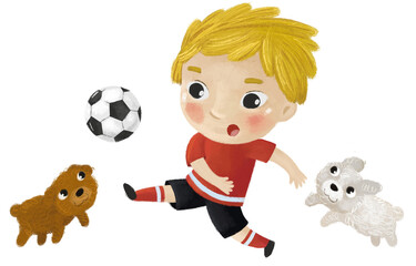 cartoon scene with kid playing running sport ball soccer football - illustration for children