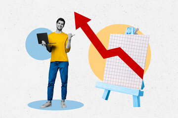 Creative collage of young business analytic man direct finger graph arrow rising hold laptop dollar currency isolated on white background