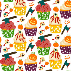 Pattern cupcakes for Halloween. Pastries in the form of muffins with a brain with an axe, pumpkin with a face, eyes. Cartoon vector. Wrapping paper for Halloween, cover, pattern, fabric. White