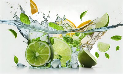 Fototapeta na wymiar Water splash with lime slices on white background, mint leaves, and ice cubes as a concept for summertime libations. Generative AI